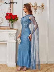 Teal One-Shoulder Sequin & Bead Embellished Evening Gown With Cape Sleeves And High Slit, Suitable For Parties, Weddings, Occasions, Weddings - Lake Blue - View 7