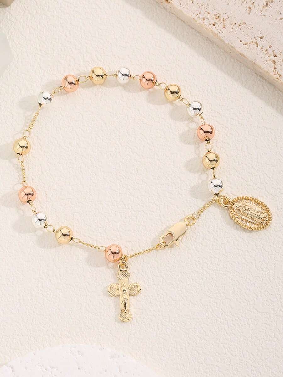 1pc Pure Copper Handmade Beaded Virgin Mary Bracelet, Suitable For Women's Daily Wear And Decoration - Yellow Gold - View 1