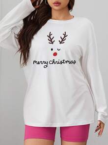 Plus Size Women's Christmas Pajamas, Christmas Reindeer Print Long Sleeve Top, Suitable For Sleeping, Sports, Home Wear - White - View 5