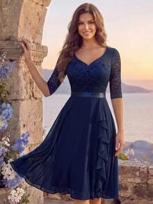 MIUSOL Gaun Pesta Semi-Formal dengan Leher Bentuk Hati dan Hiasan Renda Bunga di Bagian Bawah, Cocok untuk Acara Dansa Homecoming, Ulang Tahun, Tamu Pernikahan, dan Makan Malam - Navy Blue - View 4