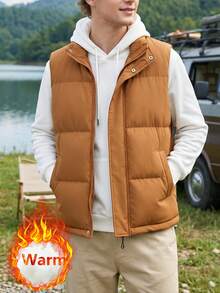 Men's Solid Color Minimalist Fashion Vest, Stand Collar Sleeveless Jacket, Autumn/Winter - Khaki - View 2