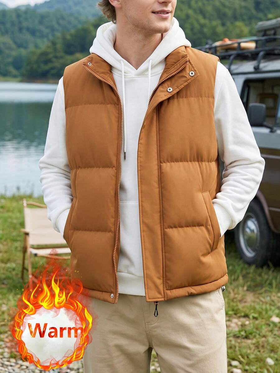 Men's Solid Color Minimalist Fashion Vest, Stand Collar Sleeveless Jacket, Autumn/Winter - Khaki - View 1