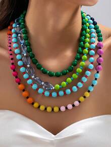 OABE 4pcs/Set Bohemian Style Dopamine Candy Color Beaded Layered Necklace Set, Suitable For Women's Daily Wear, Holiday Gift - Multicolor - View 2