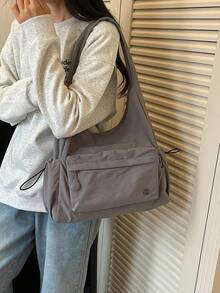 Women's Shoulder Tote Bag, Solid Color Nylon Fabric, Drawstring Design, Side Pockets, Zipper Closure, Large Capacity, Casual Style, Suitable For Daily Commute, Travel, All Seasons - Grey - View 4