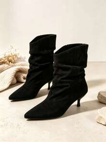 Women's Pointed‑Toe Kitten‑Heel Low‑Heel Ankle Boots, Black Elegant Ruched Boots, Fashion Short Boots For Autumn & Winter - Black - View 1