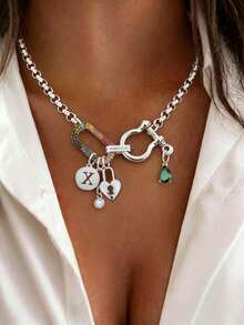 1pc Silver Letter Necklace, Luxury Oval Double Buckle Heart-Shaped Lock Diamond Pendant Necklace, Exquisite Holiday Party Gift For Women - Silver - View 16
