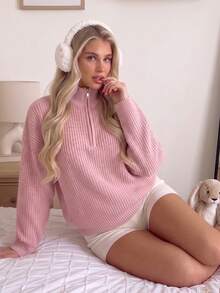 Women's Simple Ribbed Solid Color Casual Korean Textured Commute Loose Versatile Stand Collar Zipper Half-Placket Pullover Long Sleeve Sweater Fall - Light Pink - View 2