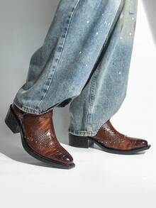Men's Brown Crocodile Embossed Western Pointed Toe Rivet Side Zipper Chelsea Boots Vintage Workwear High-Top Boots - Brown - View 2
