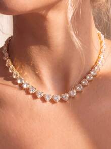 1pc Gold Heart-Shaped Rhinestone Tennis Choker Necklace, Crystal Chain Women's Jewelry, Shiny Romantic Comfortable, Valentine's Day Daily Party Accessory - Gold - View 3