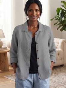 Women's Casual Solid Color Button Front Lightweight Jackets Spring - Light Grey - View 1