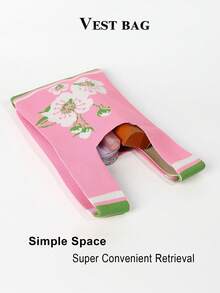 Pink Floral Knitted Wrist Bag, Gentle Flower Print Mini Woven Handbag - Pink - View 6