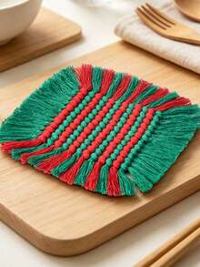 1/4pcs Boho Hand Woven Cotton Rope Coaster, Square Tassel Braided Heat Resistant Cup Mat, Striped Decorative Table Pad For Coffee Mug Tea Cup, Kitchen Dining Table Home Tabletop Decoration - Multicolor - View 5