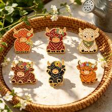 Cartoon Highland Cow Enamel Brooch, Floral Yak Metal Lapel Pin Badge, Cute Backpack Hat Jacket Clothing Decoration Accessory, Adorable Gift For Friends - Multicolor - View 5