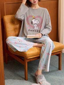 Gongdie 2pcs Snoopy Women's Pajama Set, Autumn/Winter Grey Pure Cotton Loungewear, Bow Print With Pockets - Grey - View 2