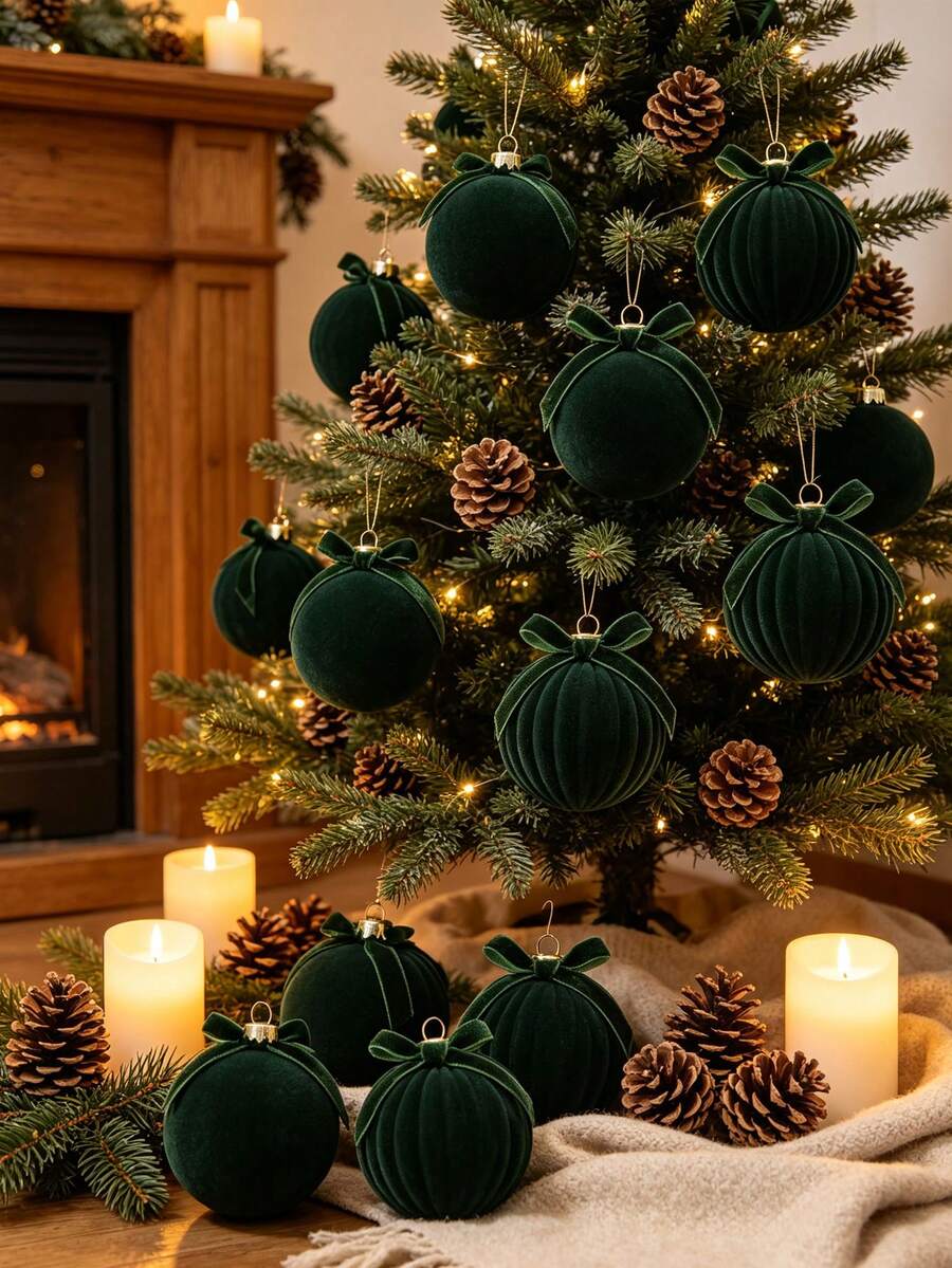 12pcs/1box Flocked Christmas Ball Ornaments With Bows, Flocked Christmas Tree Hanging Decor, Shatterproof Christmas Balls, Suitable For Home Christmas Tree Party Decoration - Multicolor - View 1
