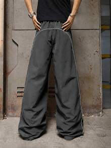 Men's Casual Long Pants With Side White Line Design, Drawstring Elastic Waist, Shining Star Pentagram Print, Front And Back Curved Stitching - Dark Grey - View 2