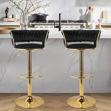 Nalupatio Set Of 2 Luxurious Bar Stools With Velvet Upholstery, Backrest & Footrest – Height Adjustable & Swivel, With Gold Metal Base - Black - View 7