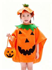 Halloween Pumpkin Cape Kids Cute Pumpkin Cape Trick Or Treat Bag Set - Multicolor - View 2