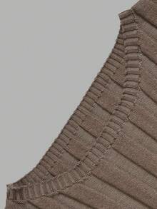 Gaun Mini Rajut Bergaris Cokelat Elegan untuk Wanita, Gaun Bodycon Lengan Pendek Leher Bulat, Pakaian Pesta untuk Wanita - Khaki - View 4