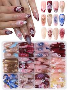 288pcs Medium-Long Almond Shape 3D Gel Nail Stickers, Floral Pattern French Manicure Stickers, Medium-Long 3D Alloy Cross Pearl Decor, Suitable For Perfect Fit Acrylic False Nails, Leopard Print And French Manicure Suitable For Women's Daily Work, Holiday, Party Use - Multicolor - View 2