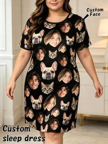 Plus Size Women's Personalized Photo Pattern Nightgown, Customizable Text, Loose Fit, Breathable All-Season Home Sleepwear, Unique Gift - Black - View 6