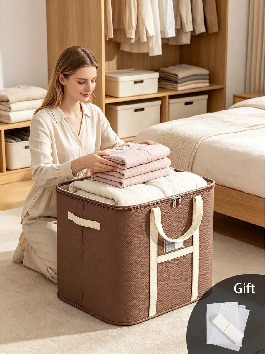 Extra‑Large Brown Foldable Fabric Clothes Storage Box, Multiple Sizes Available, Storage Bin With Zipper & Handles, For Bedding Blanket Pillow Clothes Toys, Moving Packing Organizer For Bedroom Dorm - Multicolor - View 1