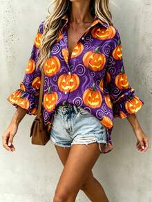 Women's Long Sleeve Shirt With Halloween Pumpkin Pattern, Vintage Fashion Style, With Button Details, Suitable For Autumn Wear - Violet Purple - View 4