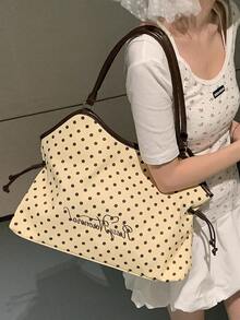 刺繡波點托特包，Y2K甜酷風，大容量通勤單肩包，無吊飾，無吊飾 - 杏色 - 查看 1
