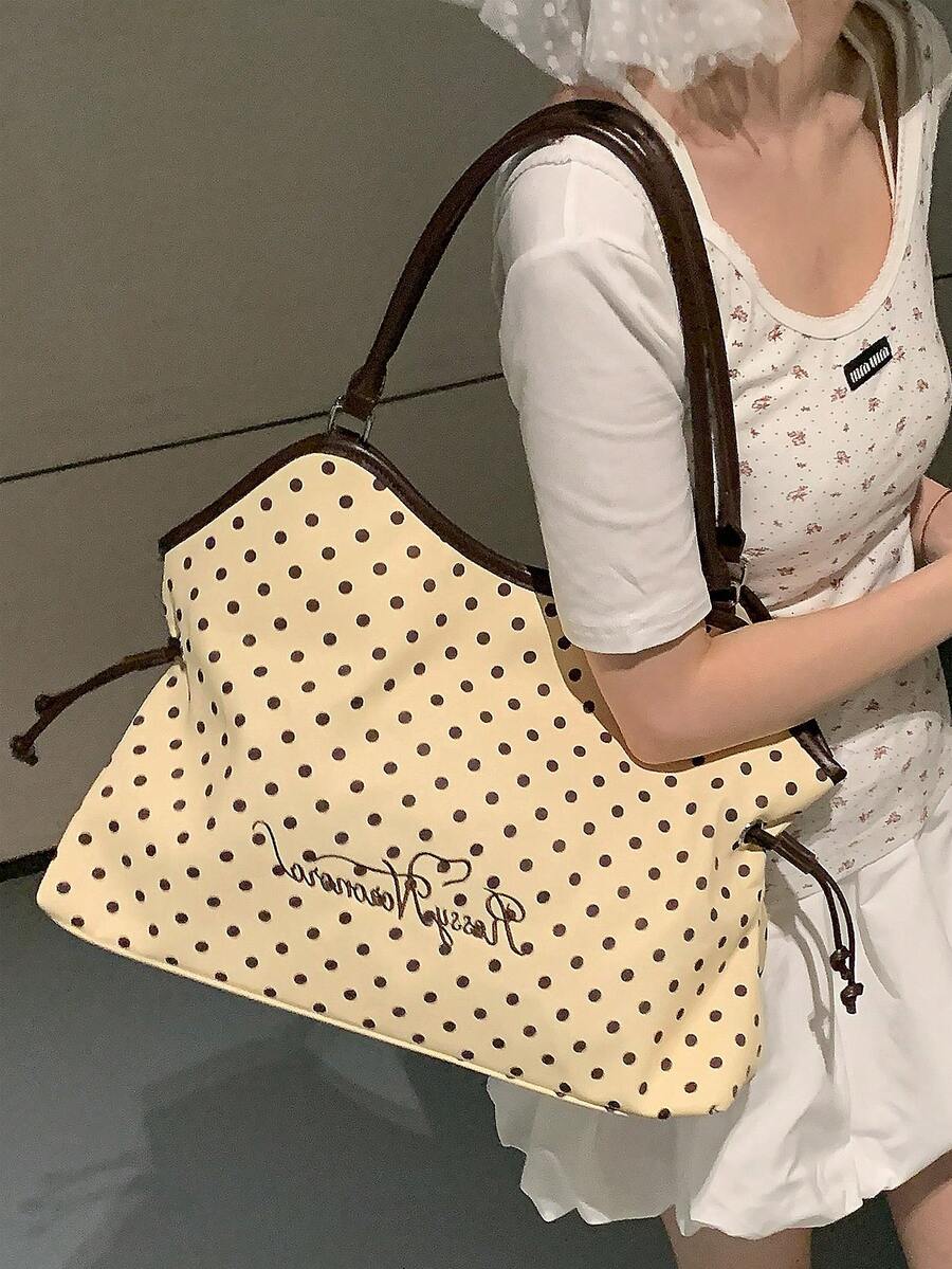 刺繡波點托特包,Y2K甜酷風,大容量通勤單肩包,無吊飾,無吊飾 - 杏色 - 查看 1