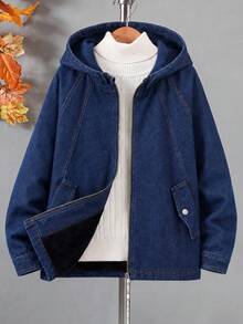 Tween Boy Casual Fashion College Streetwear Open Front Hooded Thermal Lined Patchwork Jacket, Autumn/Winter - Navy Blue - View 3