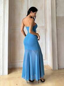 1pc Solid Color Elegant Knit Fabric Dress For Wedding Summer - Blue - View 4