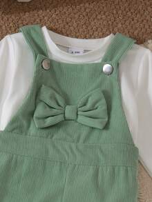 2pcs/Set Baby Girl Fresh Cute Bow Top + Corduroy Overalls, Thin Spring/Autumn - Mint Green - View 5