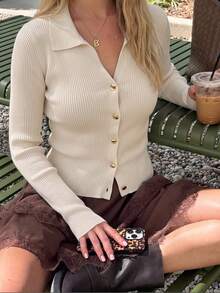 Vellofy Women Fall Winter Cream Ribbed Knit Top Polo Collar Long Sleeve Gold Button Slim Fit Cardigan Blouse For Work Dating Party - Light Apricot - View 8