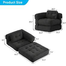 L-Shaped Corduroy Folding Sofa Bed, Multi-Functional Convertible Lazy Sofa For Small Spaces - Black - View 2