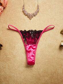 PinupPomp 5pcs Women's Embroidered Metal Chain Lingerie Set, Including Sexy Bra, Thong, Garter Belt, Leg Chain Satin Floral Embroidery Romantic Retro - Hot Pink - View 5
