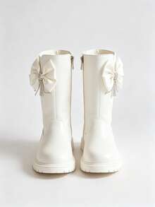 1 Pair Cream White Satin Bow Rhinestone Tassel Decor Smooth Faux Leather Side Zipper Round Toe High Shaft Thick Sole Sweet Princess Style Children's Tall Boots For Party Holiday Daily Wear - White - View 8