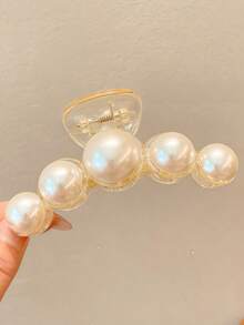 1pc Women's Apricot Faux Pearl Decorated Fashion Shark Hair Claw Clip, Suitable For Daily Use - Apricot - View 4