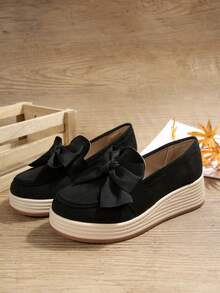 Women's New Bow Suede Thick Sole Comfortable Height-Increasing Wedge Shoes Beach Bow Home - Black - View 6