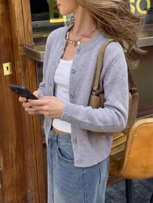 1pc Girls Casual Outdoor Solid Color Crew Neck Short Knit Cardigan Sweater, Thick, Suitable For Autumn/Winter - رمادي - مشاهدة 5