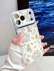 1pc Transparent Pink & Blue Floral Rabbit Pattern Full Coverage Lens Protection Anti-Drop Anti-Collision Personalized Phone Case Compatible With IPhone 16 Pro Max/17/16/15/14/13/12/11/Air - Multicolor - View 2