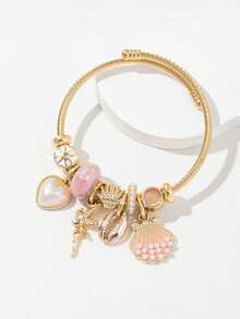 1pc Shell Heart Pendant Beaded Bracelet, Suitable For Daily Wear, Vacation, Holiday Gift, Children, Baby, Kids - one-size - View 7