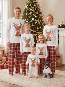Matching Christmas Pajamas For Family Reindeer Print Tops + Plaid Pants - White - View 1