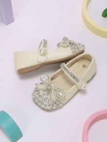 Girls' Cream White Exquisite Pearl & Rhinestone Bow Mary Jane Shoes, Suitable For Autumn Banquet And Holiday Party Outfits - Beige - View 4
