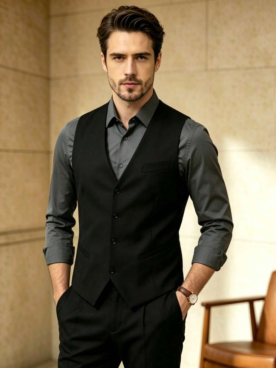 1pc Men's Casual Vest With Suit Collar, Slim Fit Solid Color Design, 4-Button, Business Banquet Outfit, All-Season Commute - Black - View 1