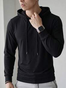 Men's Spring/Autumn Hooded Slim Fit Regular Shoulder Long Sleeve T-Shirt - Black - View 2