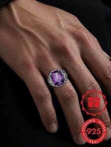 S925 Sterling Silver Vintage Scroll Carved Square Purple Zirconia Men's Wide Ring, Distressed Relief Design, Personalized Ring Gift Box Set - Silver - View 8
