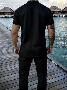 2件組男士鈕扣短袖上衣 + 鬆緊腰長褲睡衣居家服套裝 - 黑色 - 查看 5