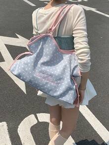 Embroidered Polka Dot Tote Bag, Y2K Sweet Cool Style, Large Capacity Shoulder Bag For Commuting, No Pendant, No Pendant - Grey - View 5