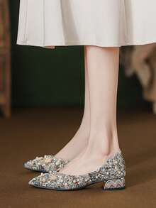 Heavy Beaded Rhinestone Pointed Toe Low Heel Women's Slip-On Shoes, Vintage Jacquard Fabric Party Wedding Shoes - Color - View 3