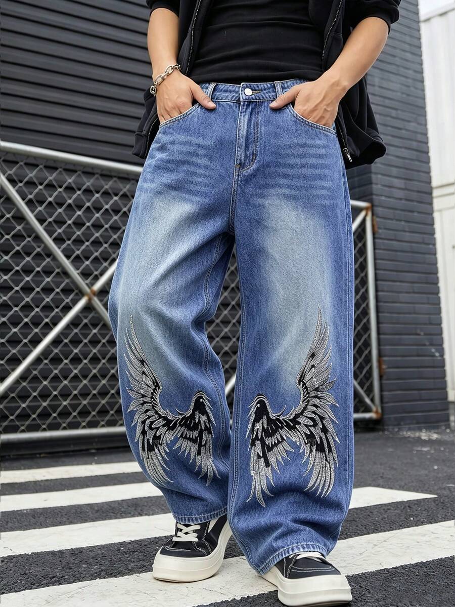 1pc Men's American Style Angel Wings Embroidered Wide Leg Loose Blue Streetwear Jeans - Blue - View 1